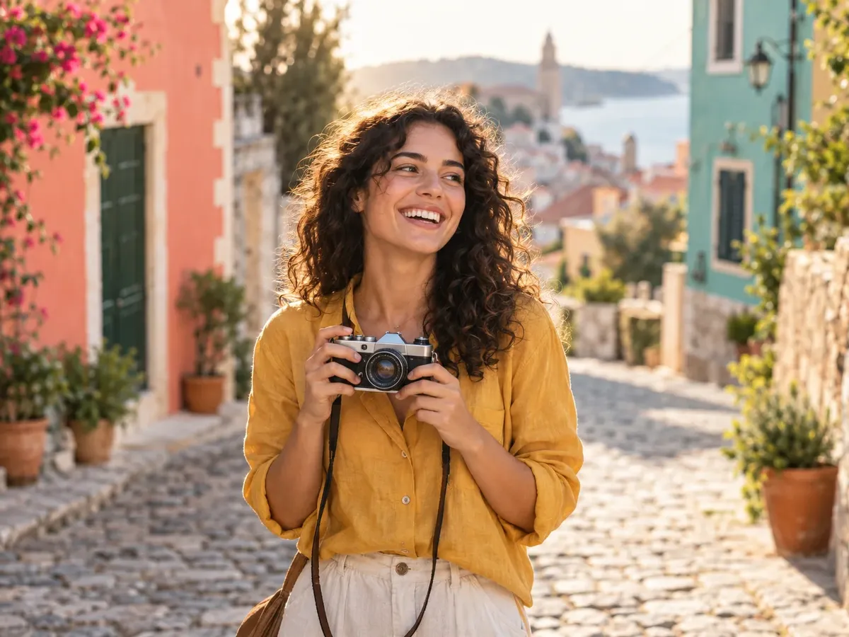 Photo of a woman with curly hair on a busy street, before background removal
